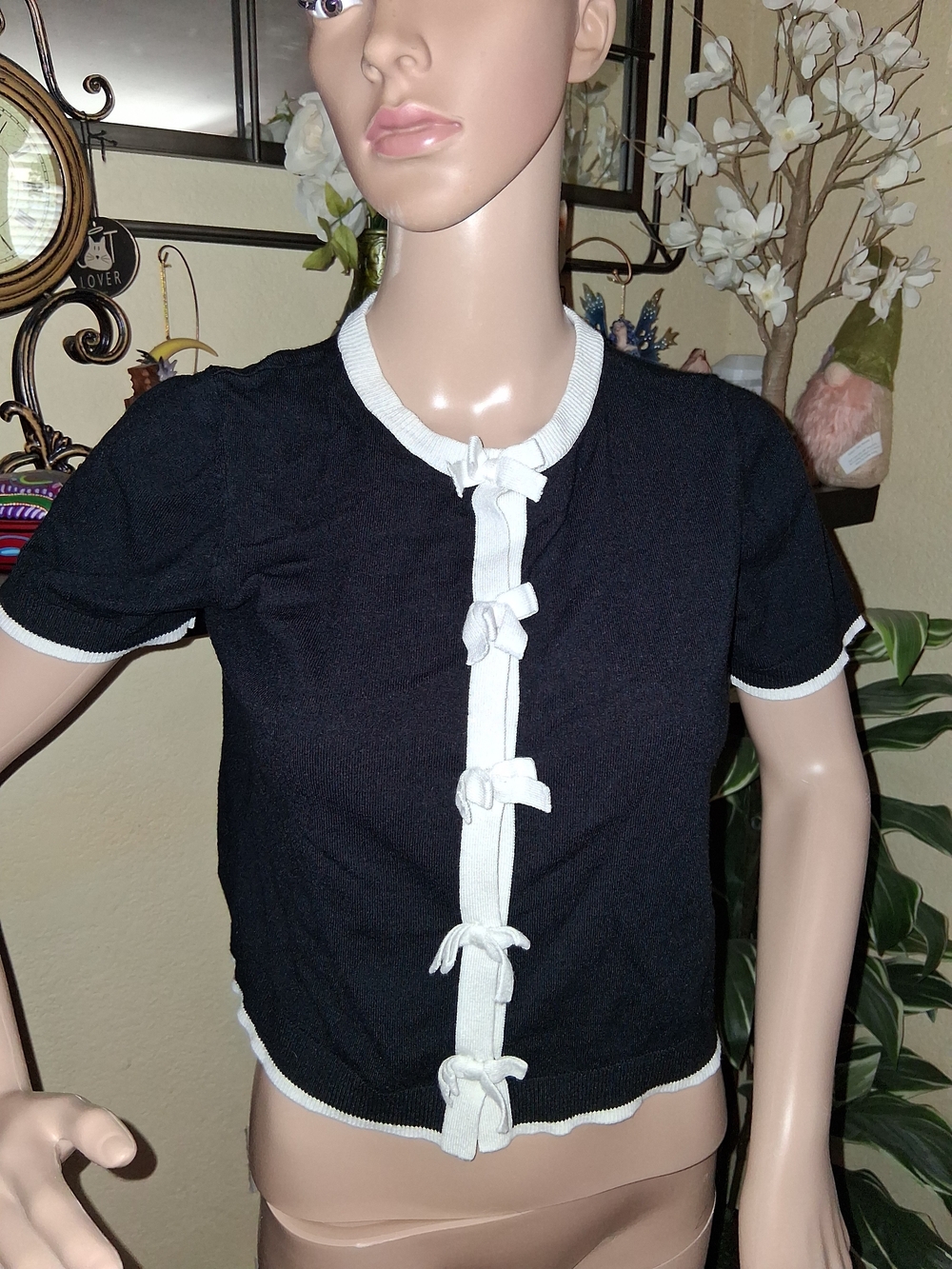 Forward Young Contemporary Black & White Coquette Bow Knit Cardigan